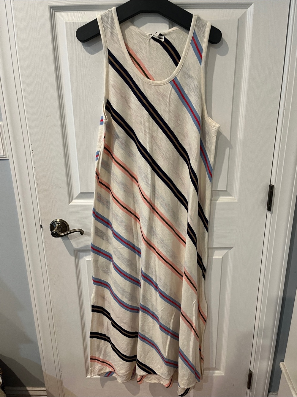 Lou & Grey Cream Maxi Dress with Navy, Coral, and Sky Blue Stripes